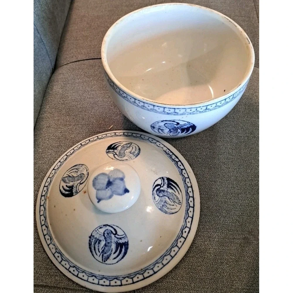 Vintage Chinese Blue & White Crane Motif Porcelain Rice Bowl w/Lid